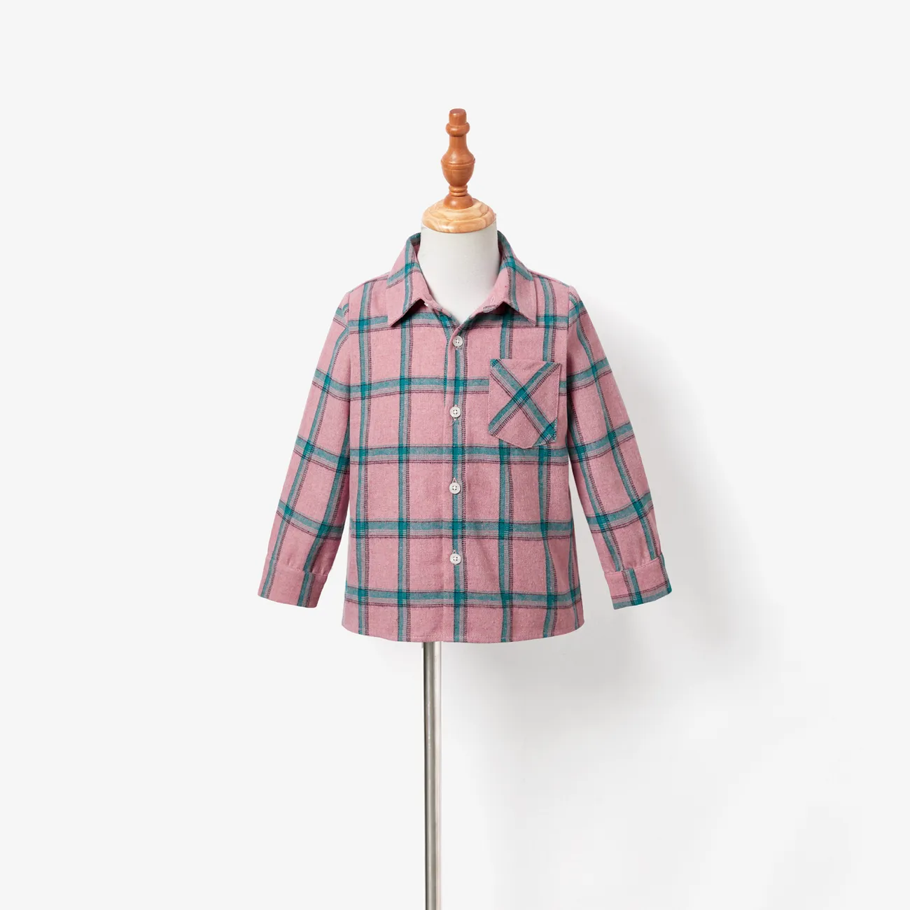 Family Matching Pink Long Sleeve Plaid Shirts Tops and Belted Mesh Dresses Sets Pink big image 1