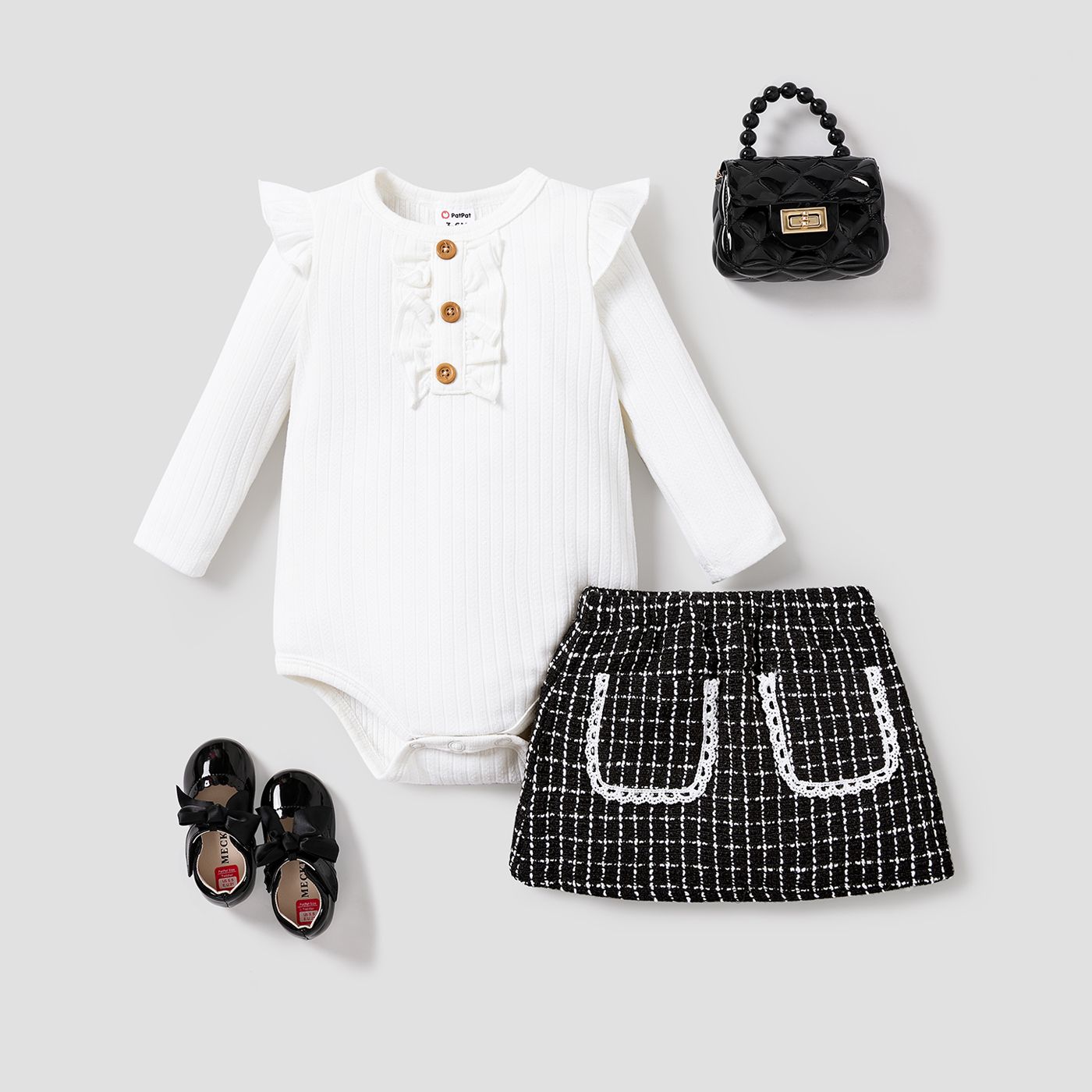 2PCS Baby Girl Classic Solid Color Long Sleeve Button Suit Dress Set