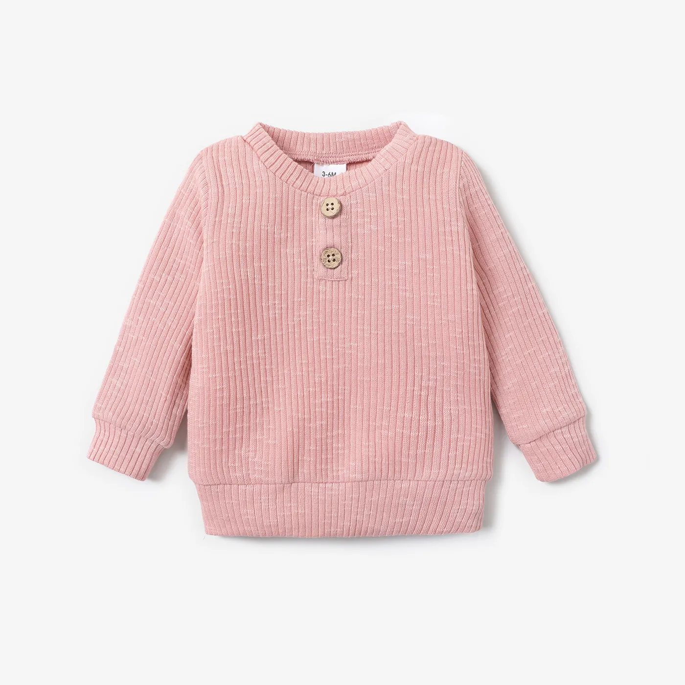 Baby Boy/Girl Button Design Solid Ribbed Knitted Long-sleeve Pullover Top