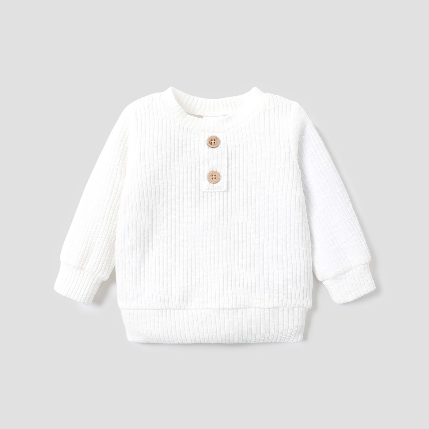 Baby Boy/Girl Button Design Solid Ribbed Knitted Long-Sleeve Pullover Top