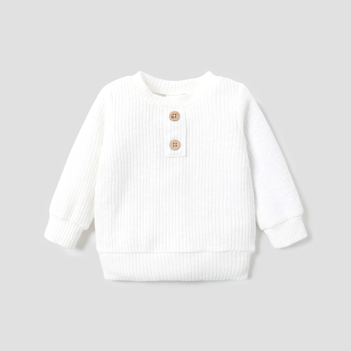 Baby Boy/Girl Button Design Solid Ribbed Knitted Long-sleeve Pullover Top  image 1