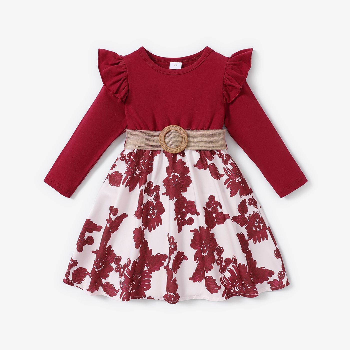 

2pcs Toddler Girl Big Floral Print Belt Design Dress