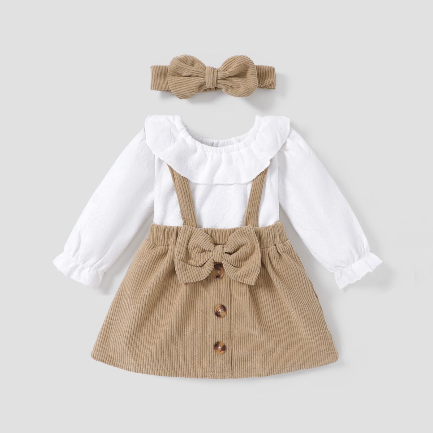 

3pcs Baby Girl Ruffle Lace Solid Long-sleeve Top and Strappy Skirt & Headband Set