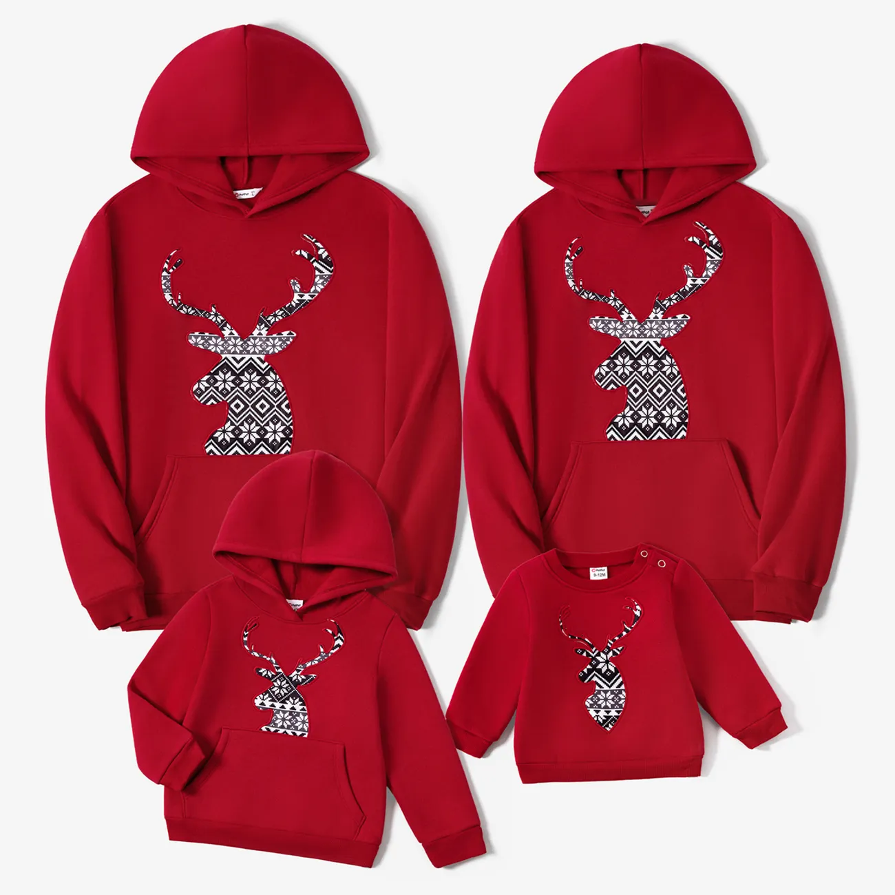 Christmas Family Matching Reindeer Patch Cotton Long Sleeve Hooded Tops Red big image 1