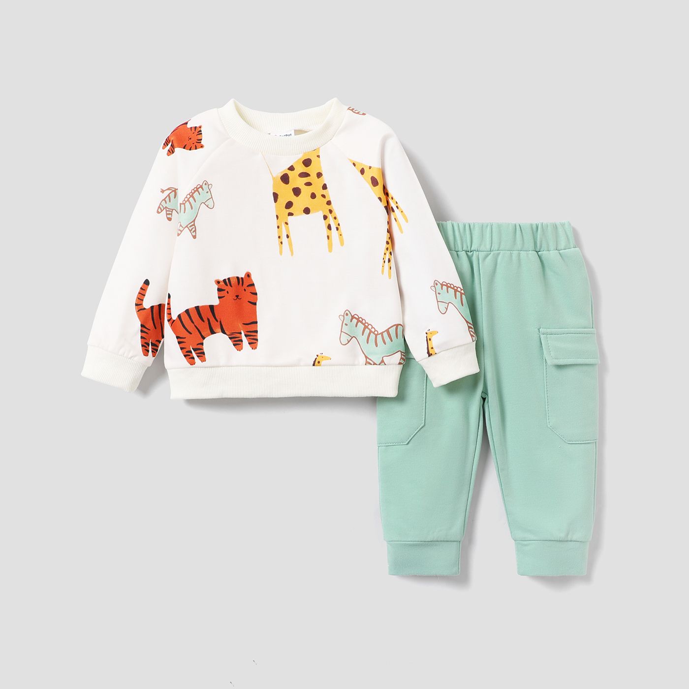 

2pcs Baby Boy Allover Dinosaur Print Long-sleeve Sweatshirt & Solid Pants Set