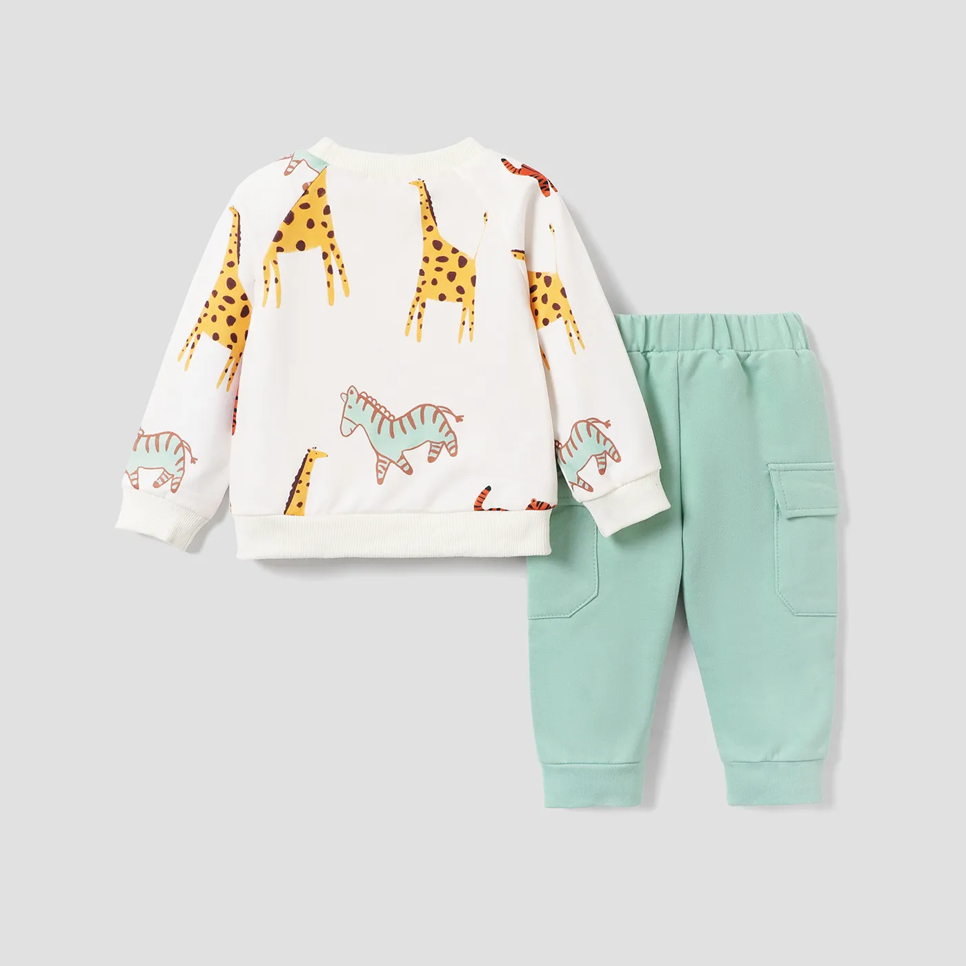 2pcs Baby Boy Allover Dinosaur Print Long-sleeve Sweatshirt & Solid Pants Set LightArmyGreen image 2
