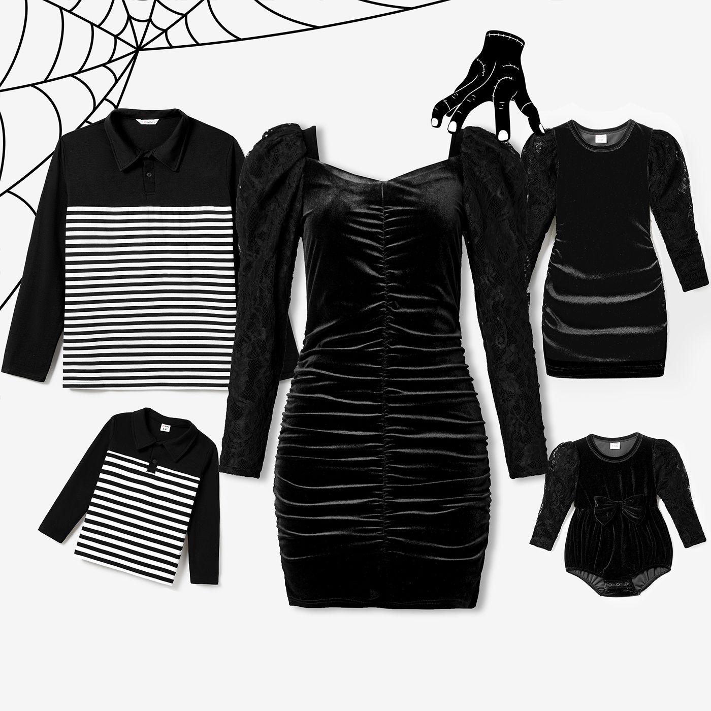 

Halloween Family Matching Solid Gothic Long-sleeve Bodycon Dresses and Striped Tops Sets