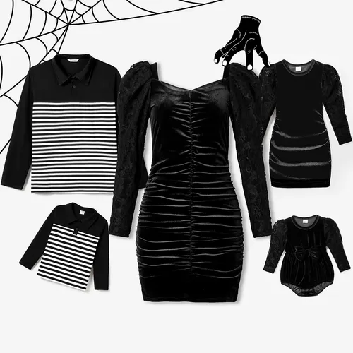 Halloween Family Matching Solid Gothic Long-sleeve Bodycon Dresses and Striped Tops Sets