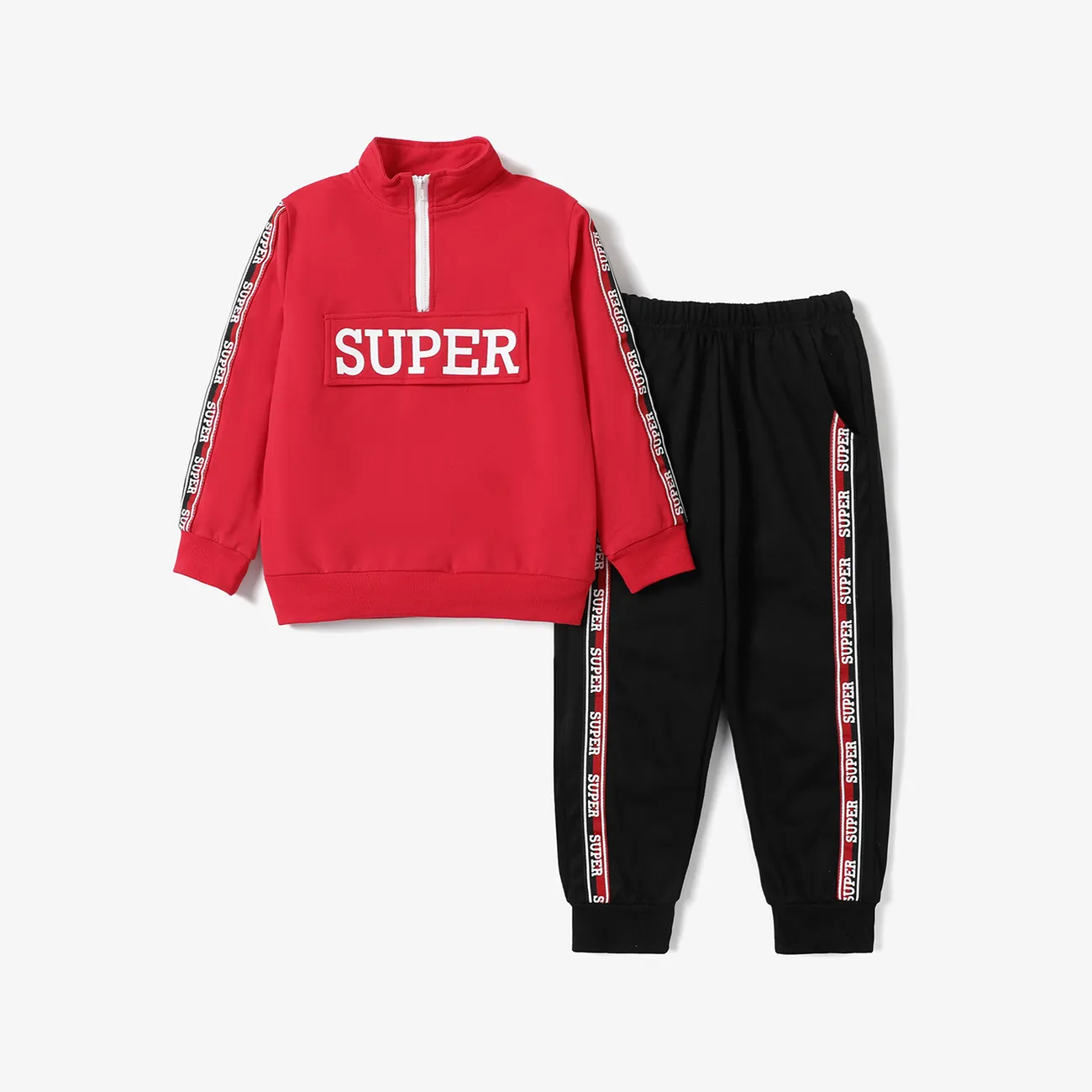 2pcs Kid Boy Letter Print Zipper Design Red Sweatshirt and Elasticized Pants Set  big image 1