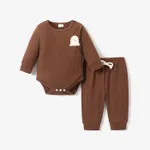 2pcs Baby Boy/Girl Rainbow Design Solid Waffle Long-sleeve Romper and Trousers Set Brown