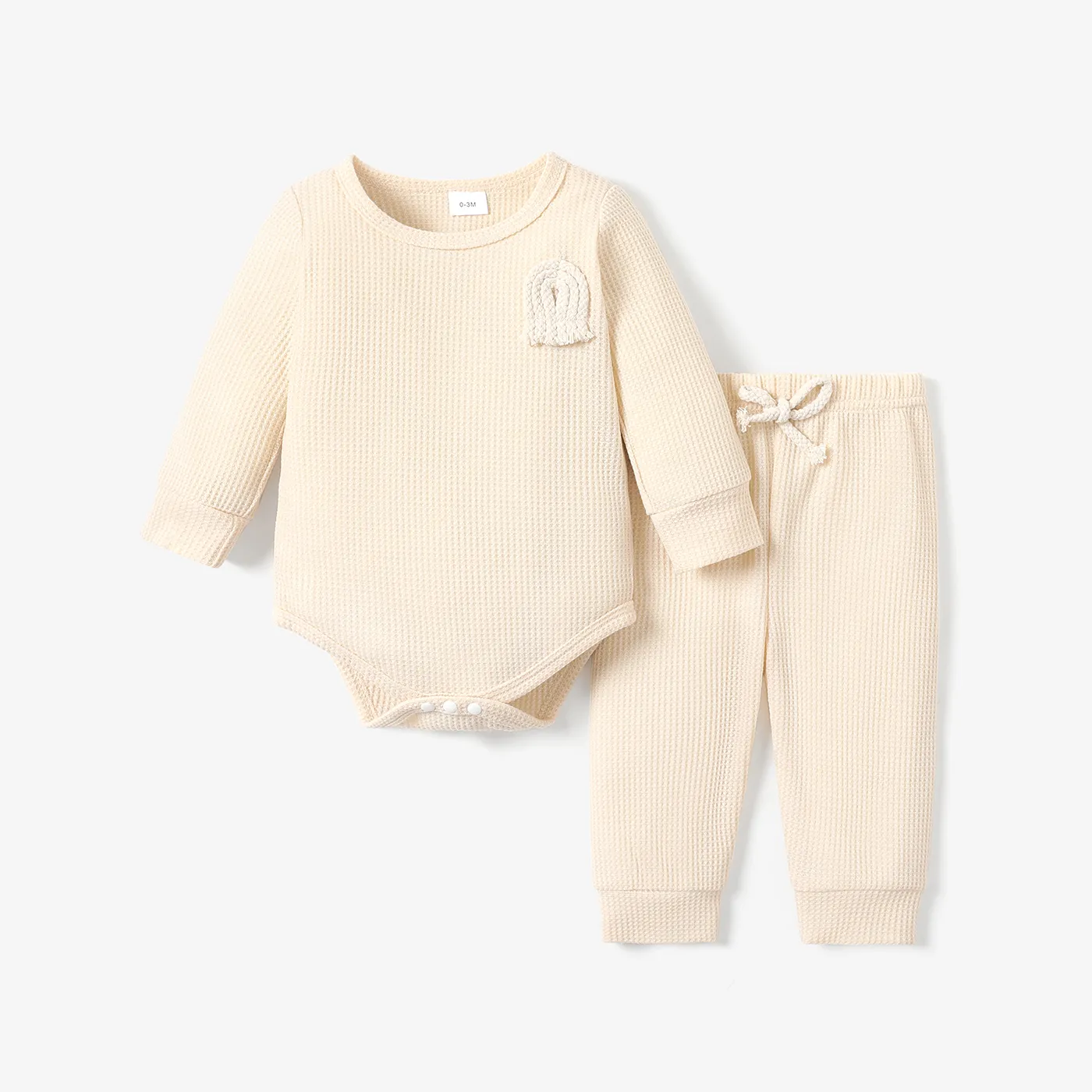 2pcs Baby Boy/Girl Rainbow Design Solid Waffle Long-sleeve Romper and Trousers Set  big image 1