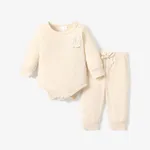 2pcs Baby Boy/Girl Rainbow Design Solid Waffle Long-sleeve Romper and Trousers Set Apricot