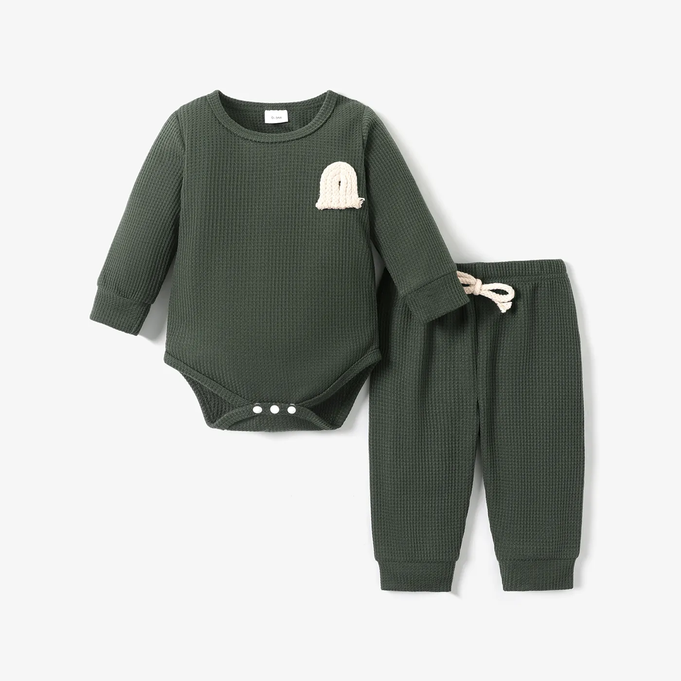 2pcs Baby Boy/Girl Rainbow Design Solid Waffle Long-sleeve Romper and Trousers Set Dark Green