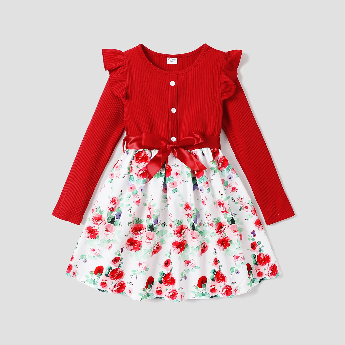Toddler Girl Plants and Floral Pattern Sweet Flutter Sleeve Waist Tie Design Dress   big image 1