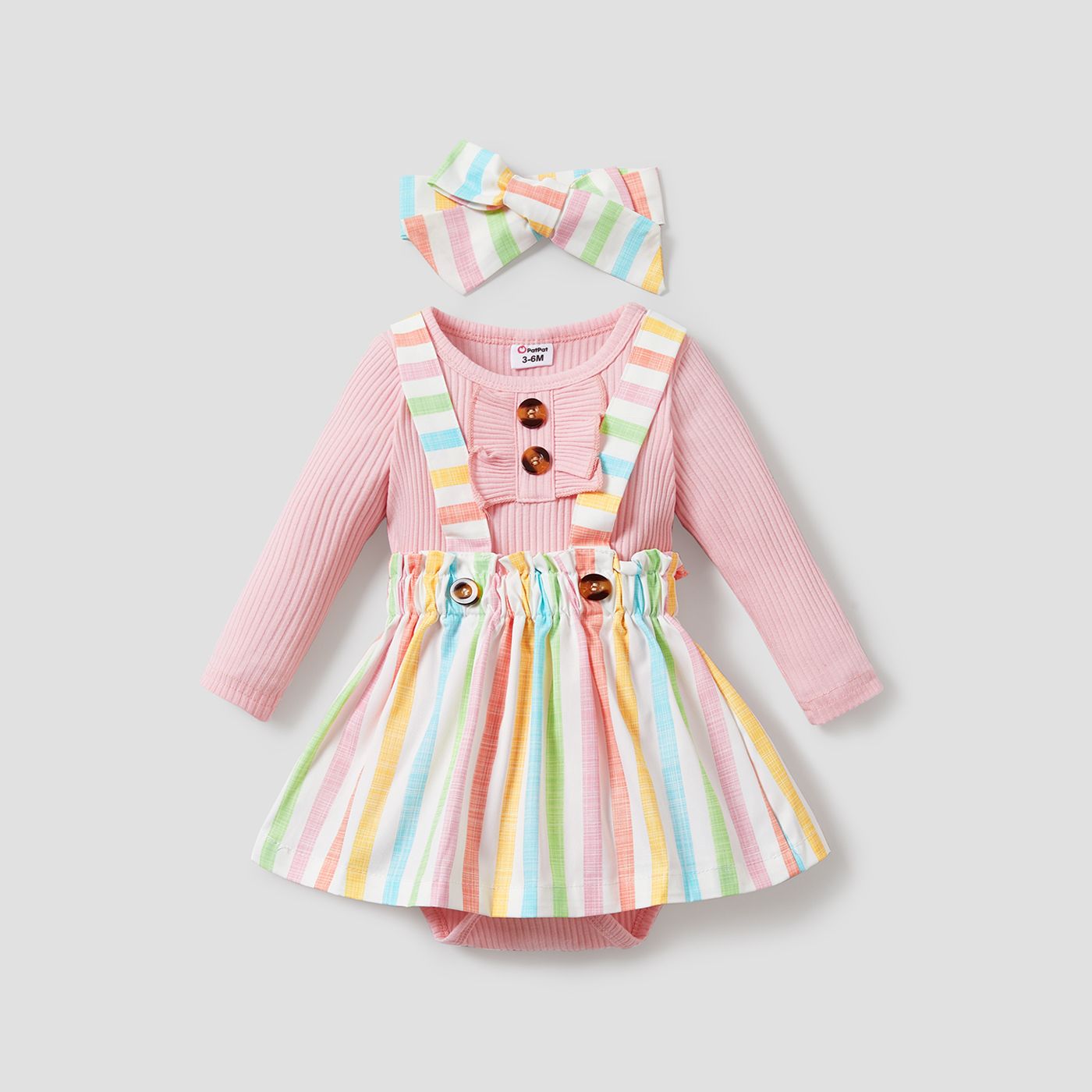 

3pcs Baby Girl Sweet Stripe with Button Detail Long Sleeve Skirt Set
