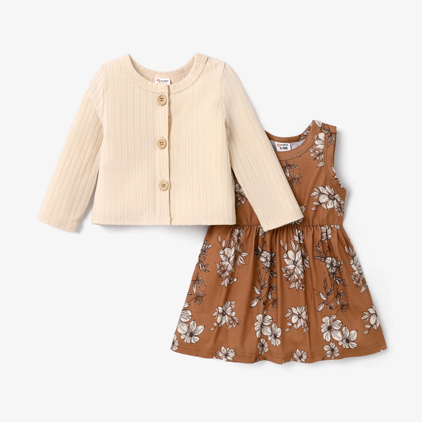 

2pcs Baby Girl Long-sleeve Ribbed Cardigan and Floral Print Sleeveless Dress Set