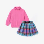 Kid Girl Avant-garde Solid Color Stand Collar Sweater/  Grid/Houndstooth Skirt  Hot Pink image 3