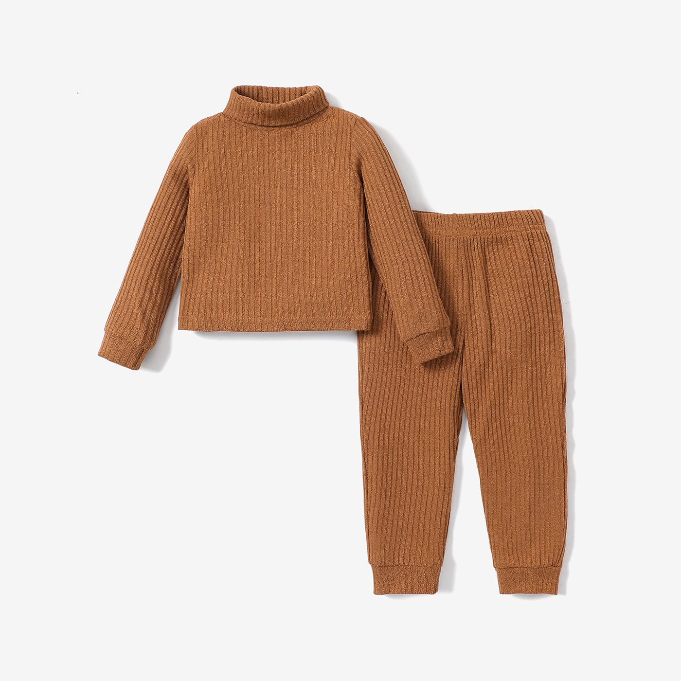 2pcs Toddler Girl Solid Color Ribbed Turtleneck Long-sleeve Tee And Elasticized Pants Set