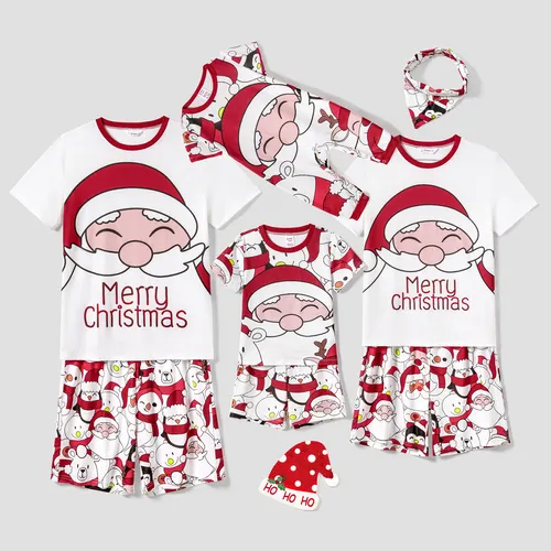 Christmas Santa and Snowman Print Family Matching Short-sleeve Tops and Shorts Pajamas Sets (Flame Resistant)