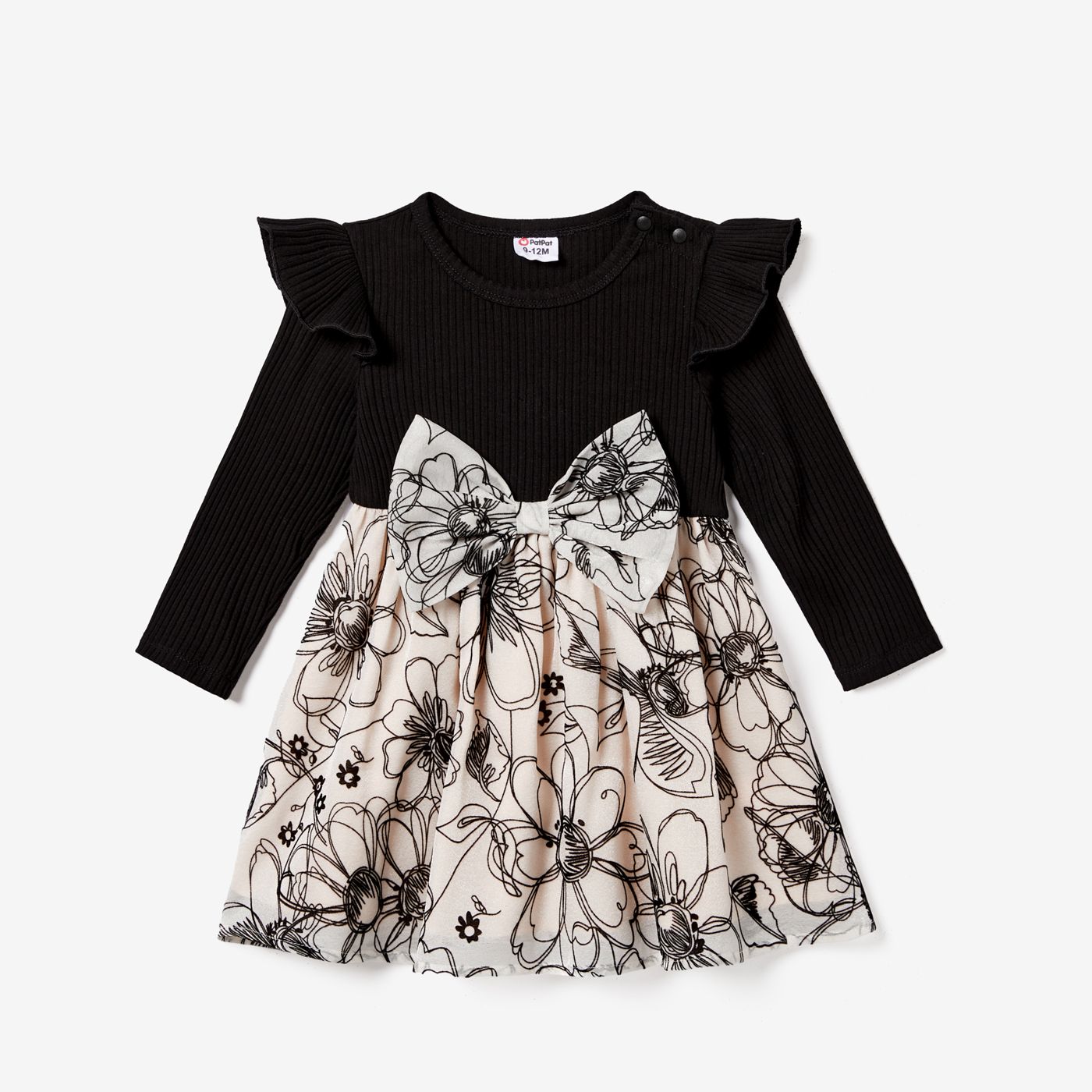 Family Matching Long Sleeve Color-block Tops And Stitching Flower Print Dresses Sets