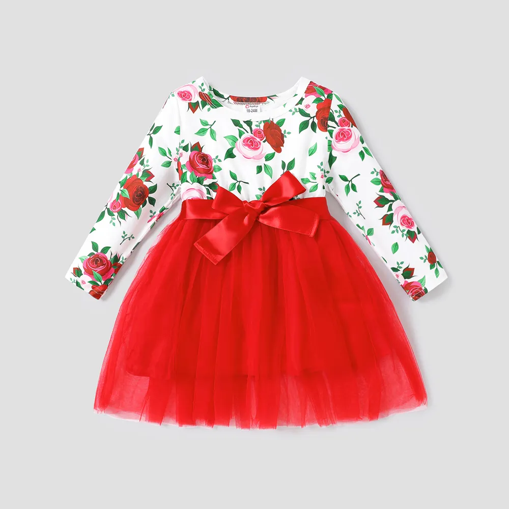 Toddler Girl Floral Print Bowknot Design Mesh Splice Long-sleeve Dress  big image 1