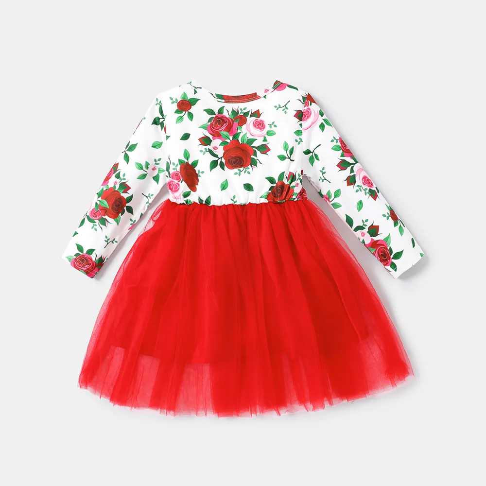Toddler Girl Floral Print Bowknot Design Mesh Splice Long-sleeve Dress  big image 2