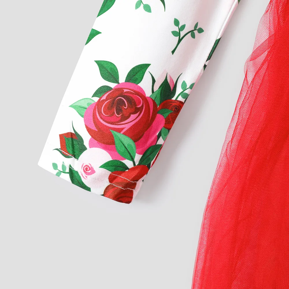 Toddler Girl Floral Print Bowknot Design Mesh Splice Long-sleeve Dress  big image 4