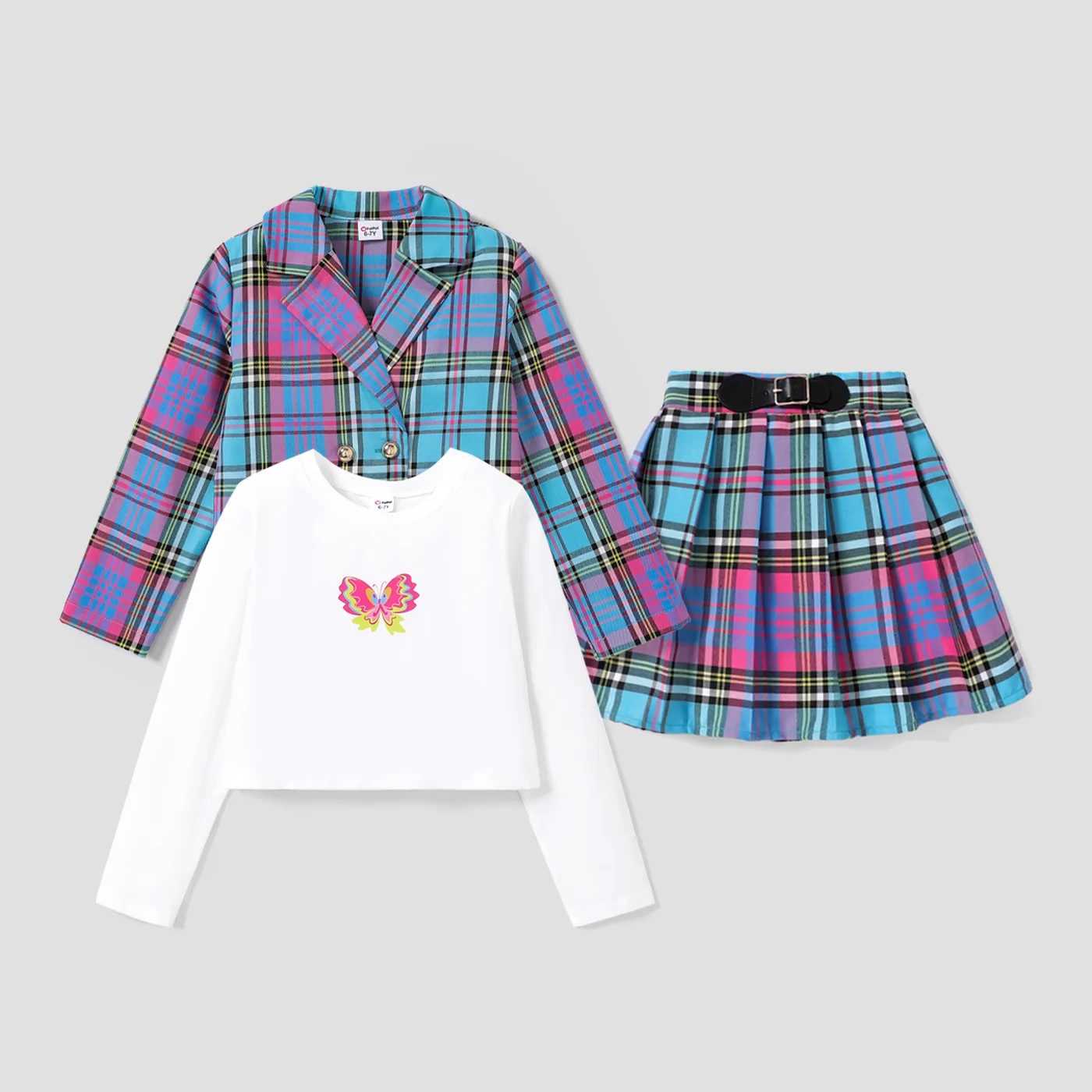 Kid Girl Sweet Butterfly T-shirt / Double-Breasted Houndstooth Jacket/ Avant-garde Grid/Houndstooth Skirt   image 4