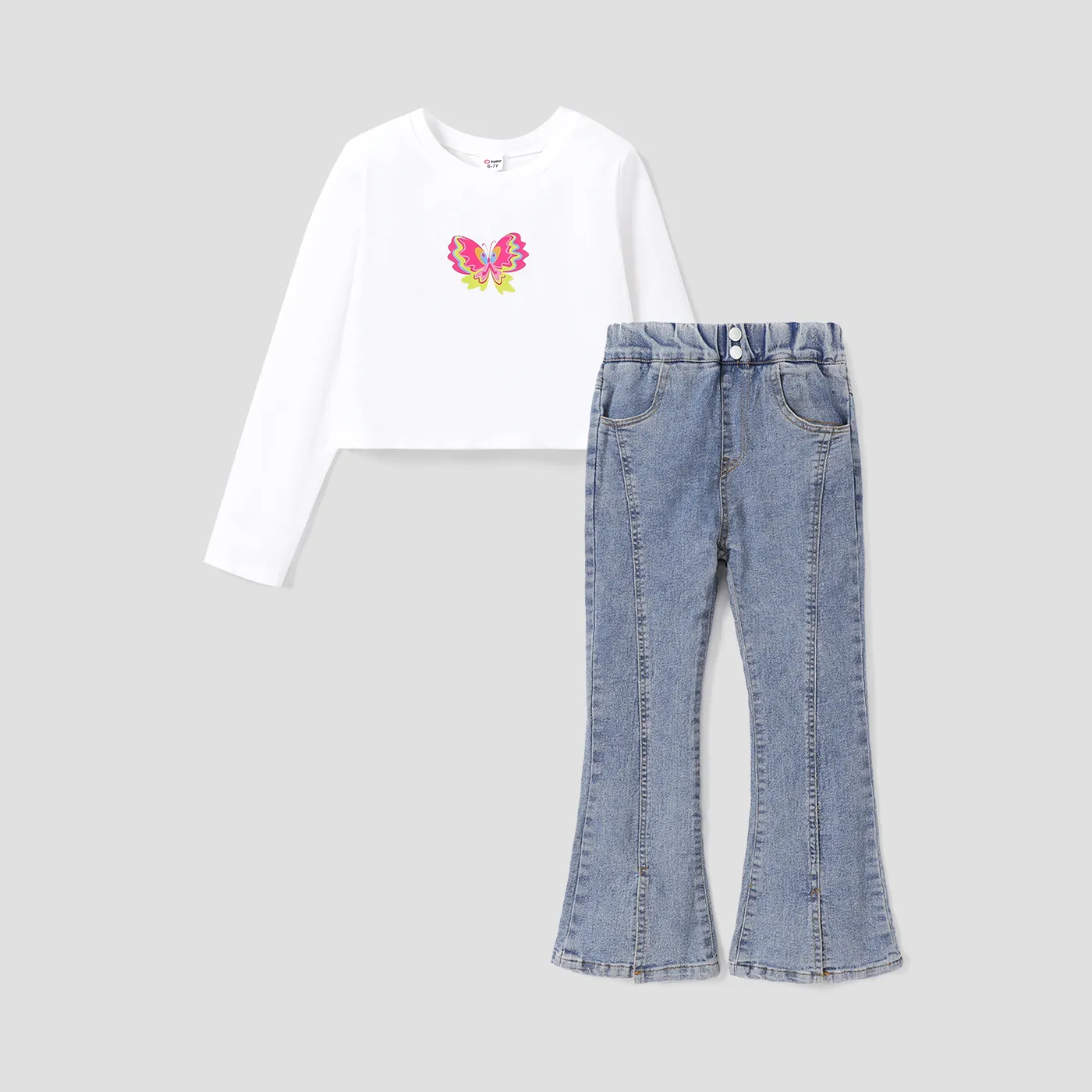 Kid Girl Sweet Butterfly Long Sleeve T-shirt / Denim Flared Jeans   image 2