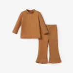 2pcs Toddler Girl Solid Color Ribbed Mock Neck Long-sleeve Tee and Flared Pants Set Khaki