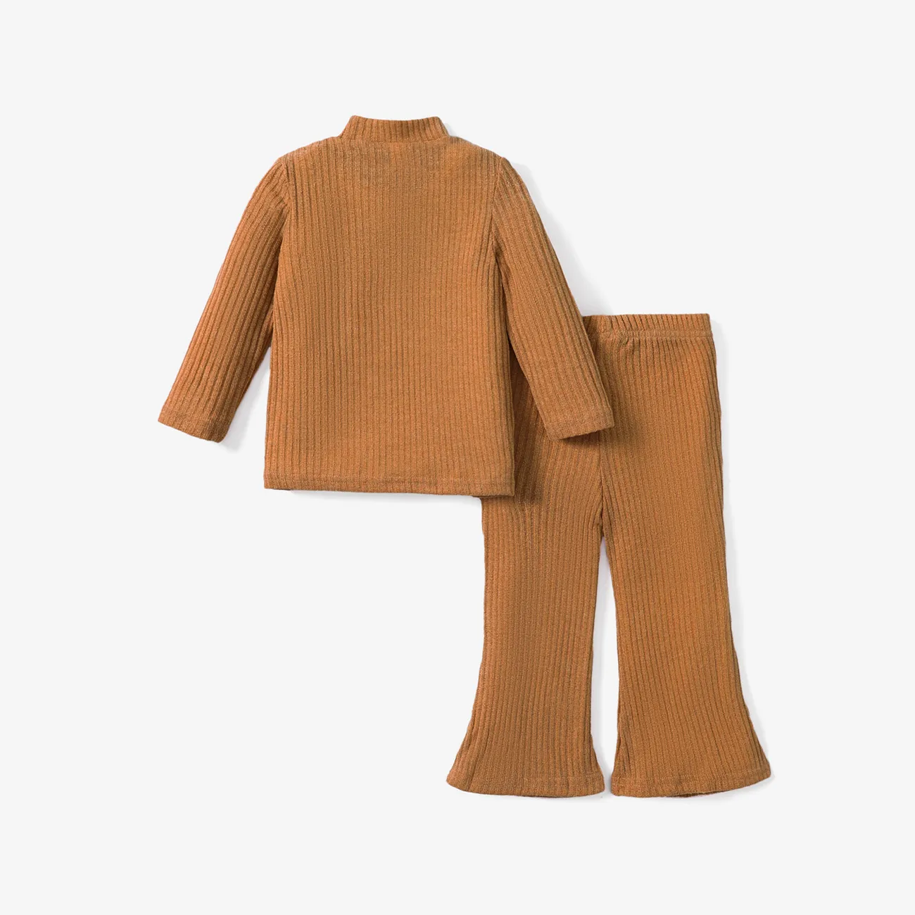 2pcs Toddler Girl Solid Color Ribbed Mock Neck Long-sleeve Tee and Flared Pants Set Khaki big image 1
