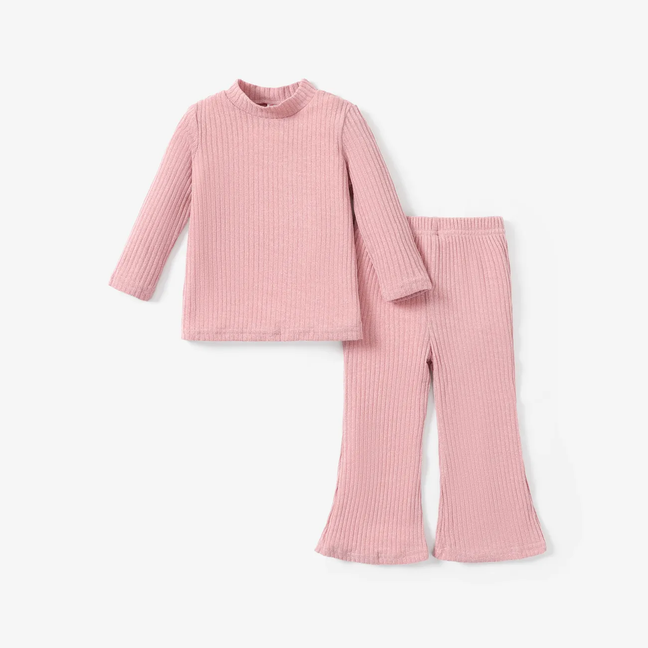 2pcs Toddler Girl Solid Color Ribbed Mock Neck Long-sleeve Tee and Flared Pants Set Pink big image 1