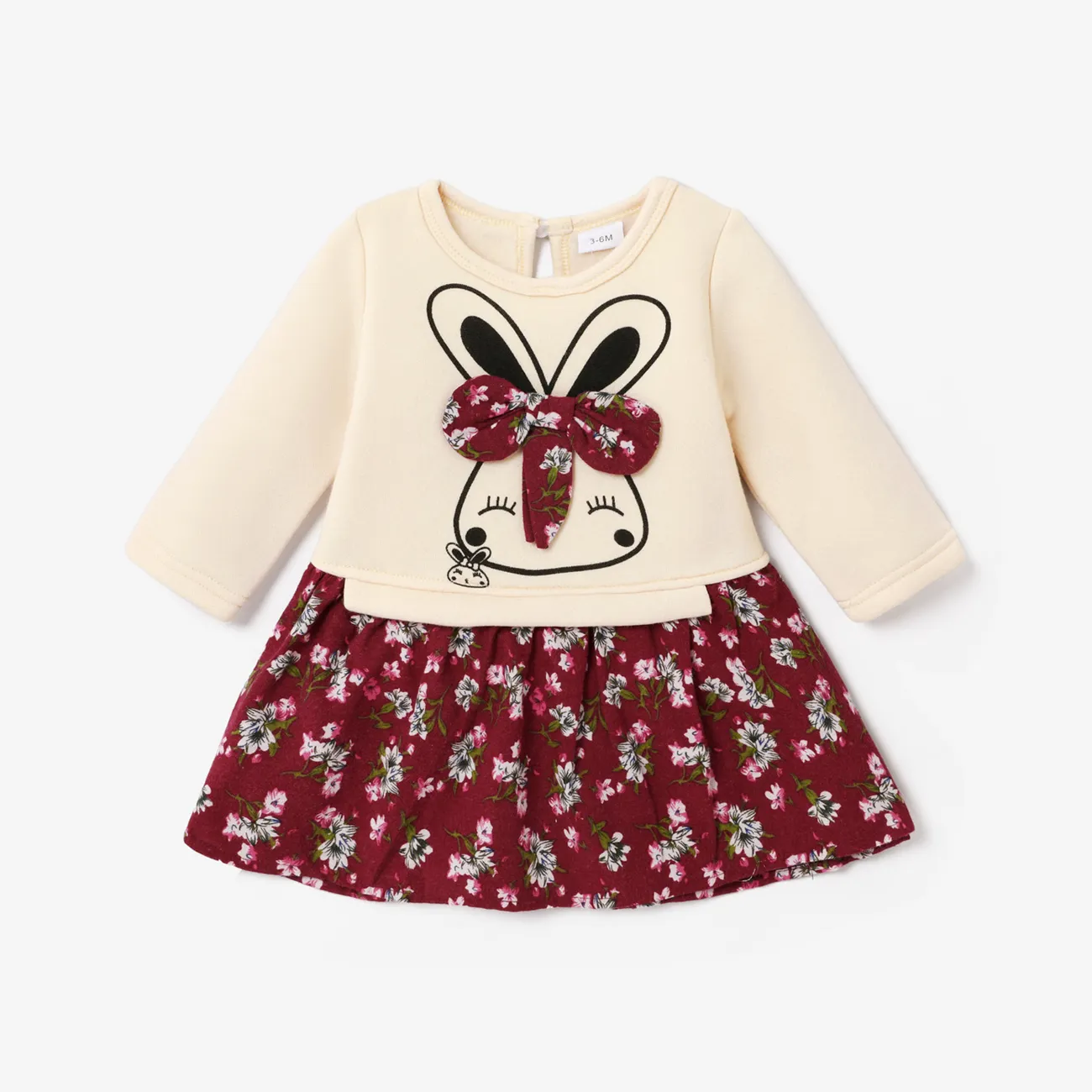 Baby Girl 95% Cotton Long-sleeve Cartoon Rabbit and Floral Print Bowknot Faux-two Dress Red big image 1