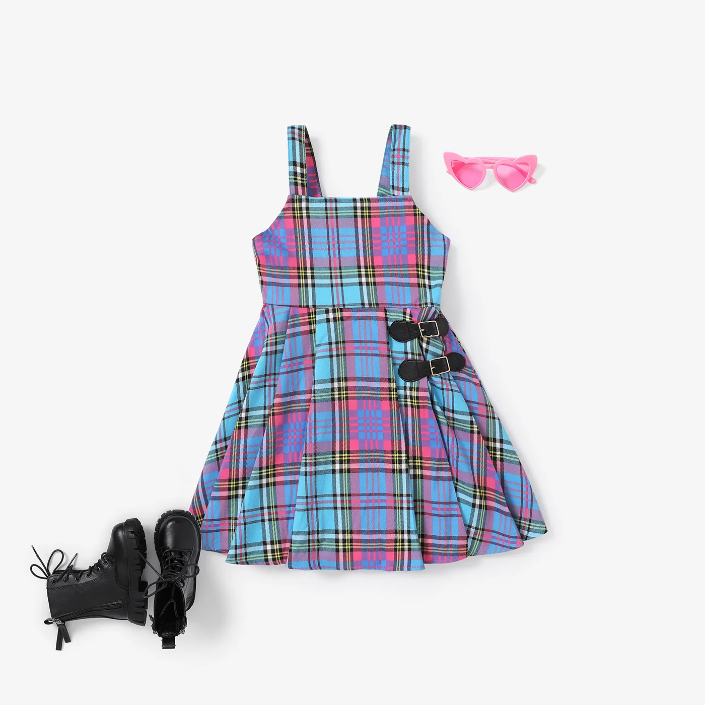Kid Girl Grid Houndstooth Camisole Dress Hot Pink big image 1
