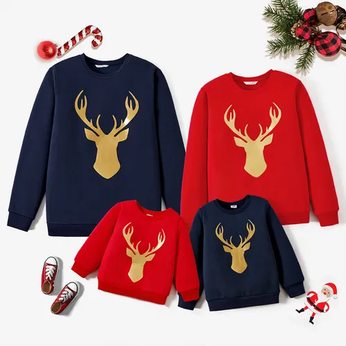Christmas Family Matching Solid Color Reindeer Print Cotton Long Sleeve Tops