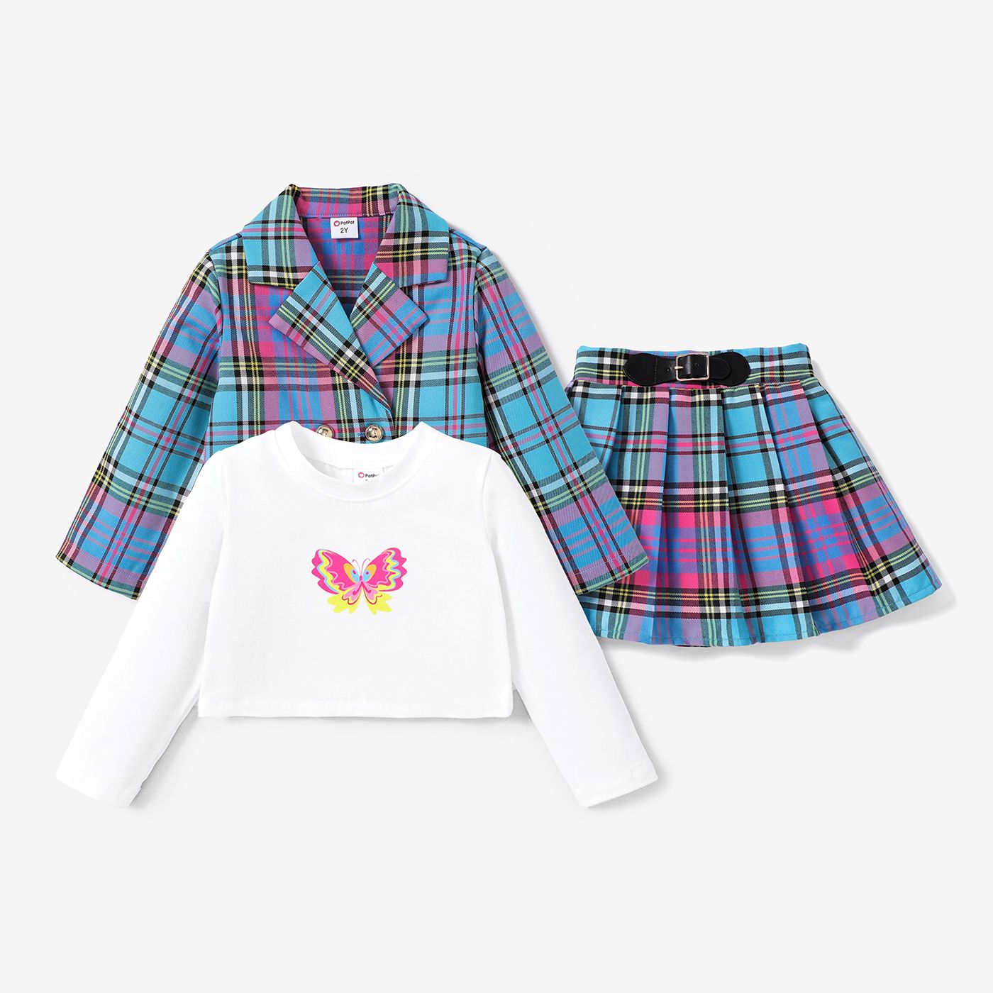 Toddler Girl Double-Breasted Grid Coat / Sweet Animal Butterfly Long Sleeve Tee