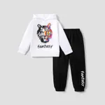 2-piece Kid Boy Letter Animal Print Fleece Lined Hoodie Sweatshirt and Pants Set Black/White