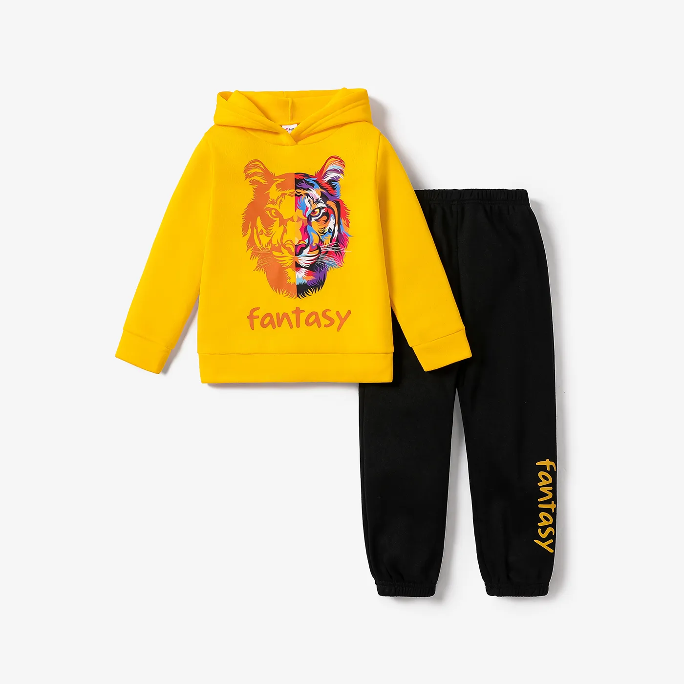2-piece Kid Boy Letter Animal Print Fleece Lined Hoodie Sweatshirt and Pants Set Yellow big image 1