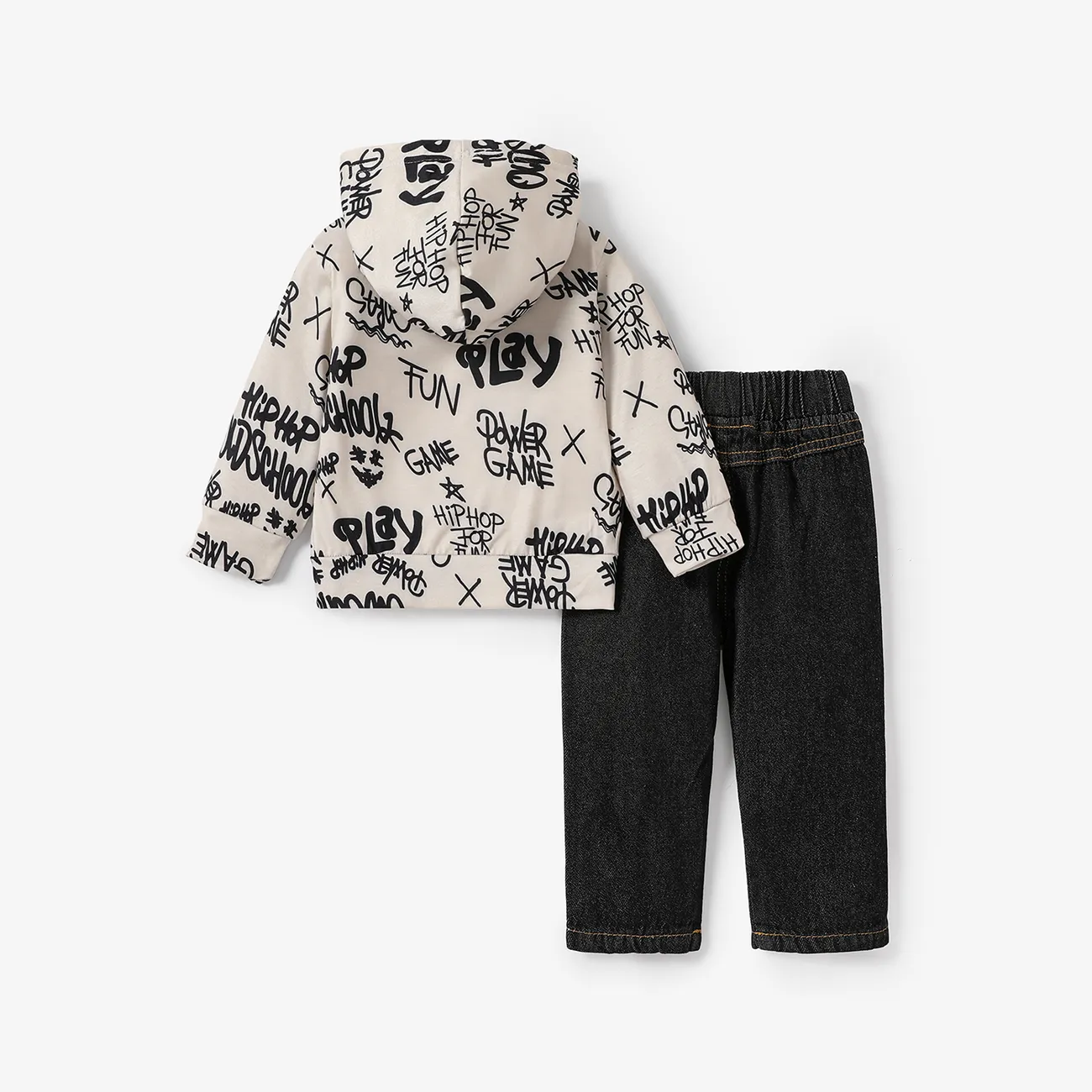 2pcs Toddler Boy Trendy Ripped Denim Jeans And Letter Print Hoodie Sweatshirt Set Beige big image 1