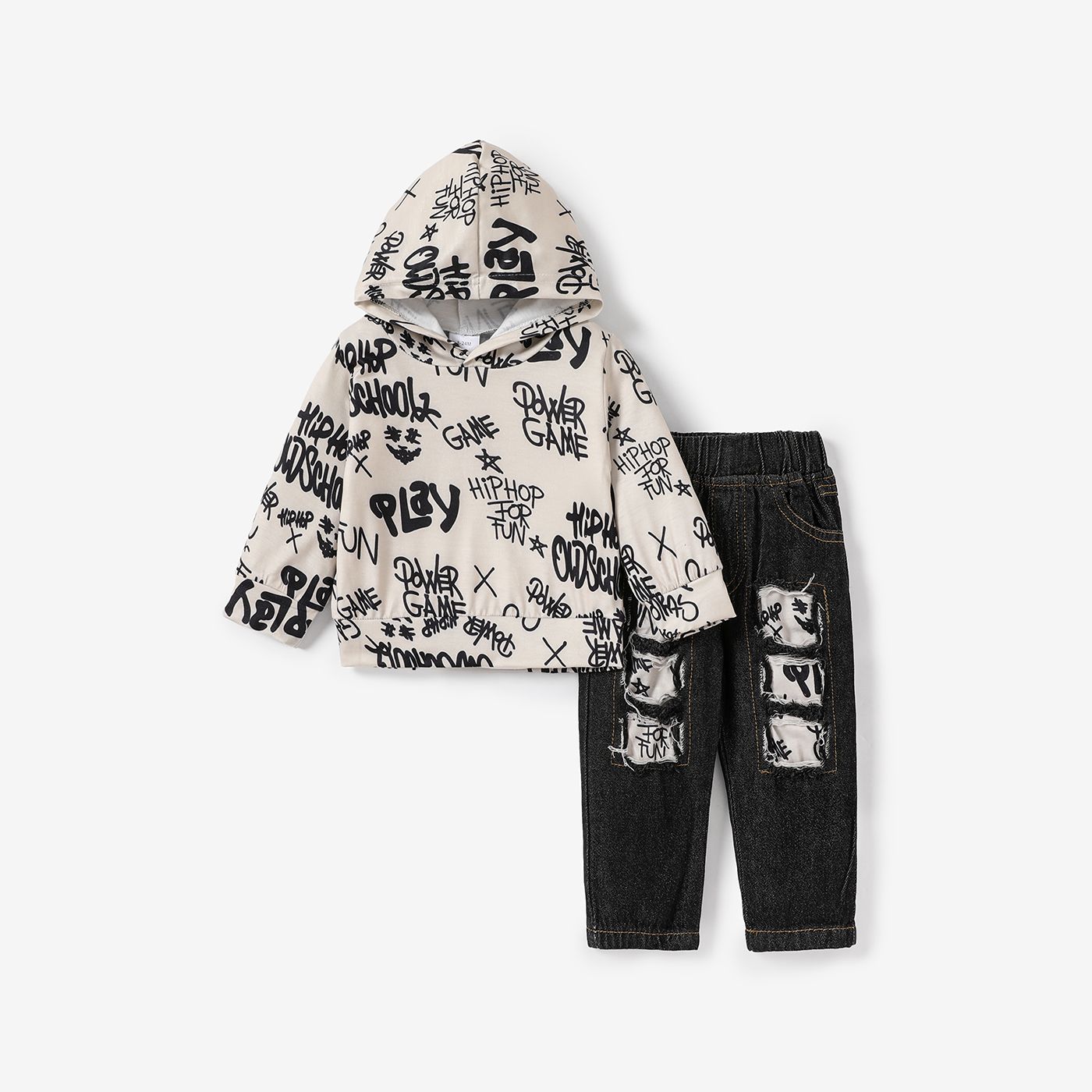 2pcs Toddler Boy Trendy Ripped Denim Jeans And Letter Print Hoodie Sweatshirt Set