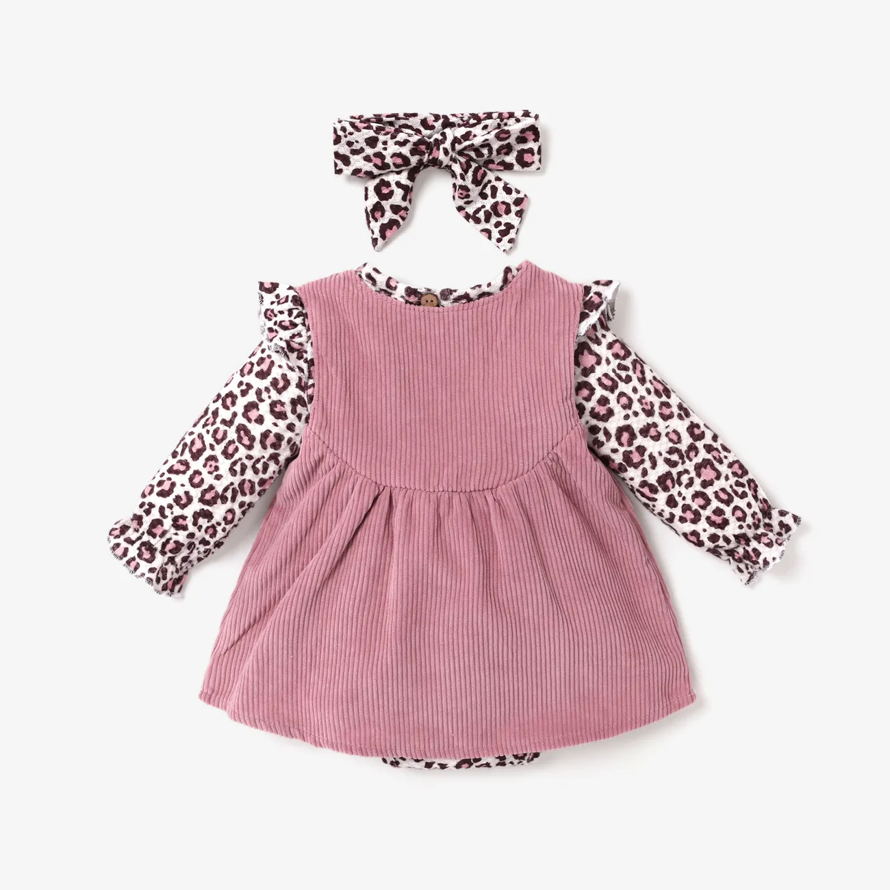 2pcs Solid Corduroy and Leopard Print Long-sleeve Romper Baby Set Pink big image 1