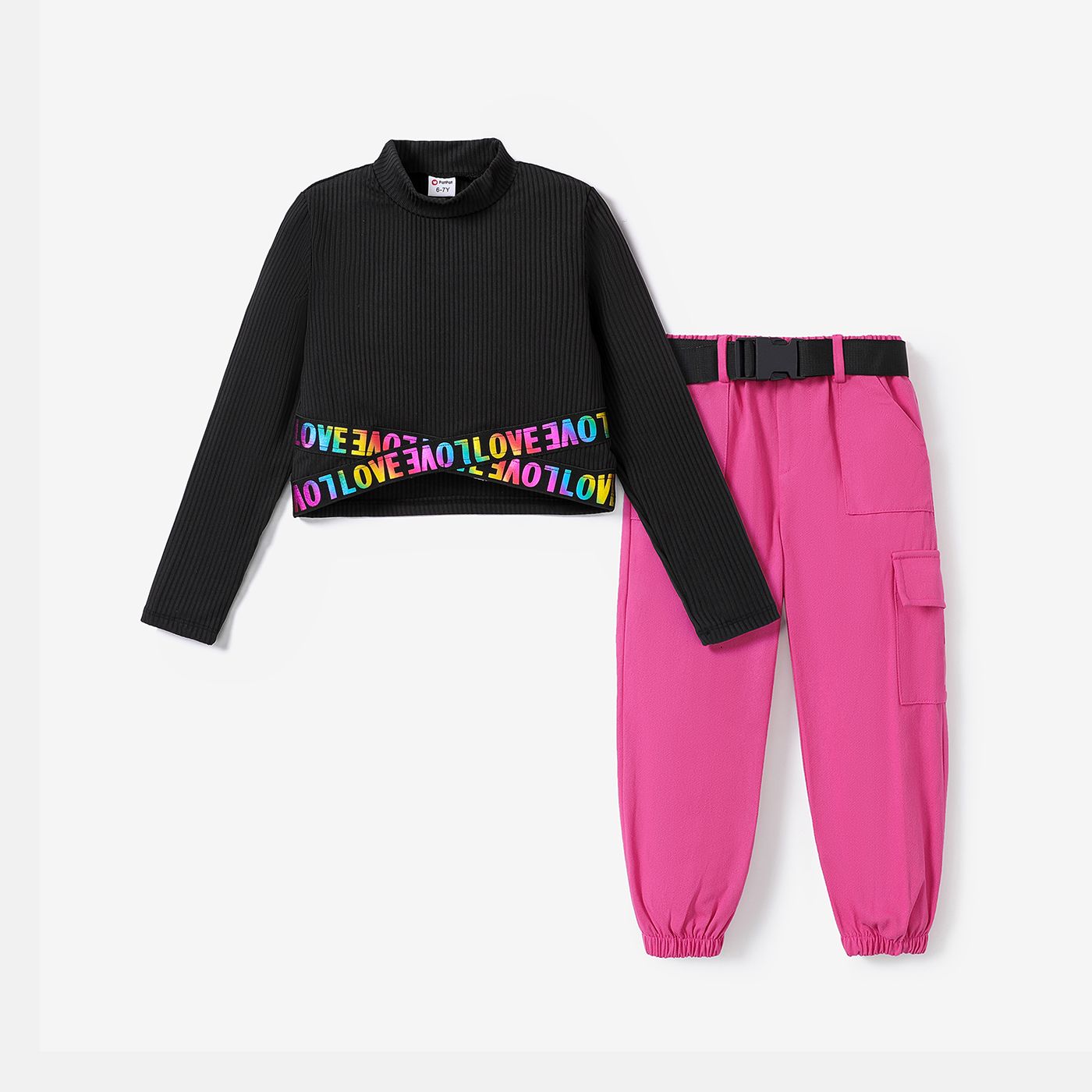 

Kid Girl Braid Design Avant-garde T-shirt /Solid Color Belt Braid Pants