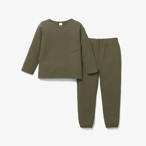 2-piece Toddler Boy/Girl Round-collar Long-sleeve Ribbed Solid Top with Pocket and Elasticized Pants Casual Set