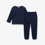 2-piece Toddler Boy/Girl Round-collar Long-sleeve Ribbed Solid Top with Pocket and Elasticized Pants Casual Set Dark Blue