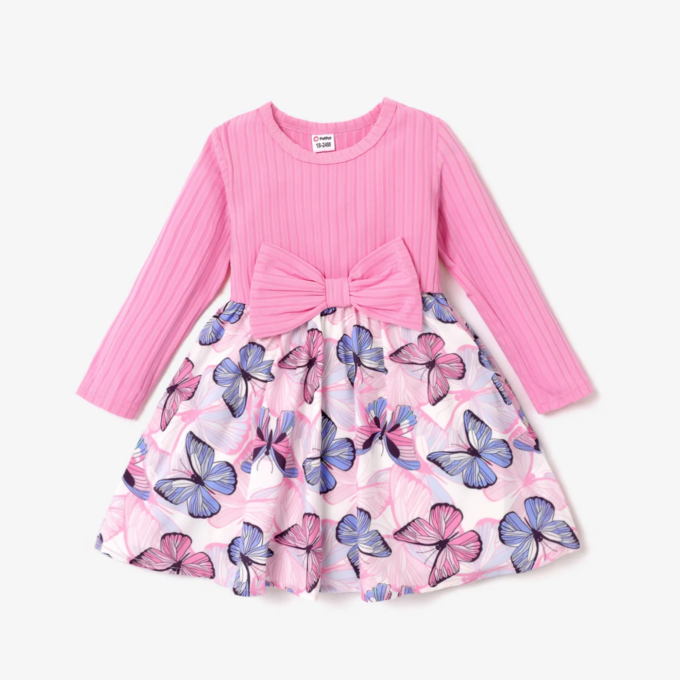 Toddler Girl Ribbed Bowknot Design Butterfly Print Splice Long-sleeve Dress
