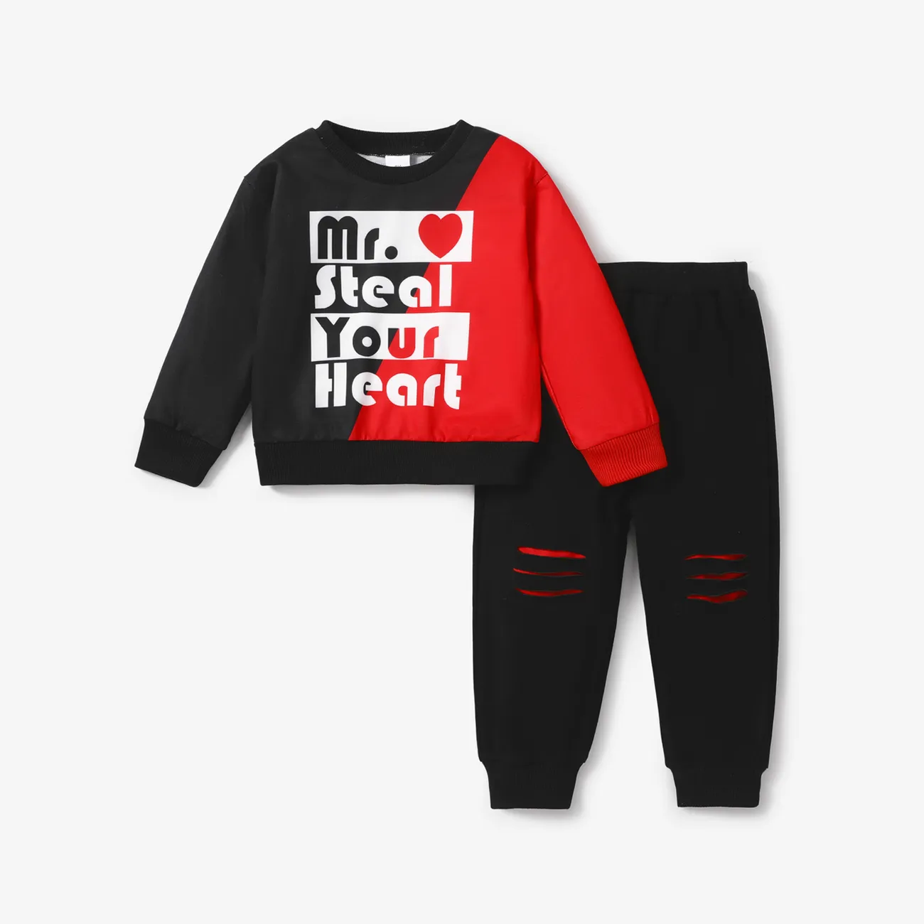 2pcs Toddler Boy Letter Print Colorblock Sweatshirt and Ripped Pants Set Red big image 1