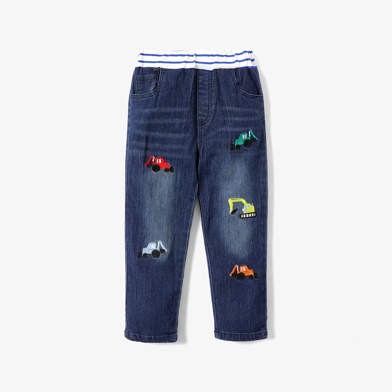 Toddler Boy Playful Vehicle Embroidered Elasticized Denim Jeans  big image 1