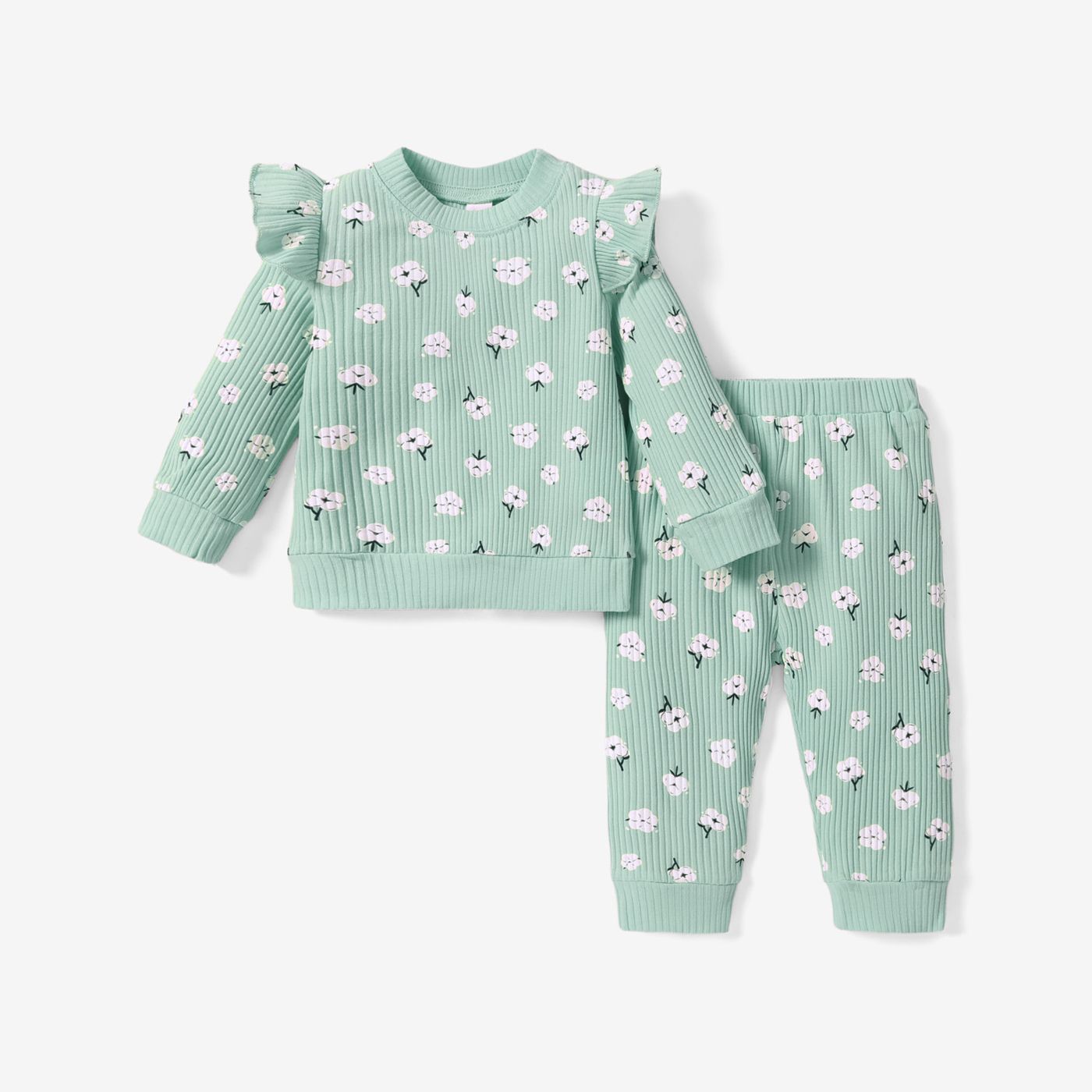2pcs Baby Girl Floral Print Cotton Ribbed Long-sleeve Set