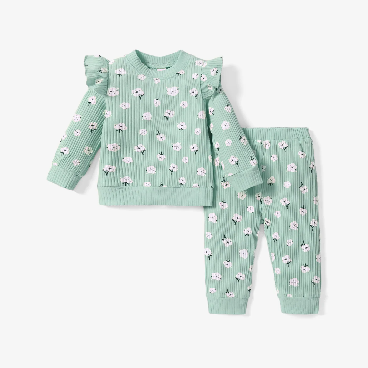 2pcs Baby Girl Floral Print Cotton Ribbed Long-sleeve Set Turquoise