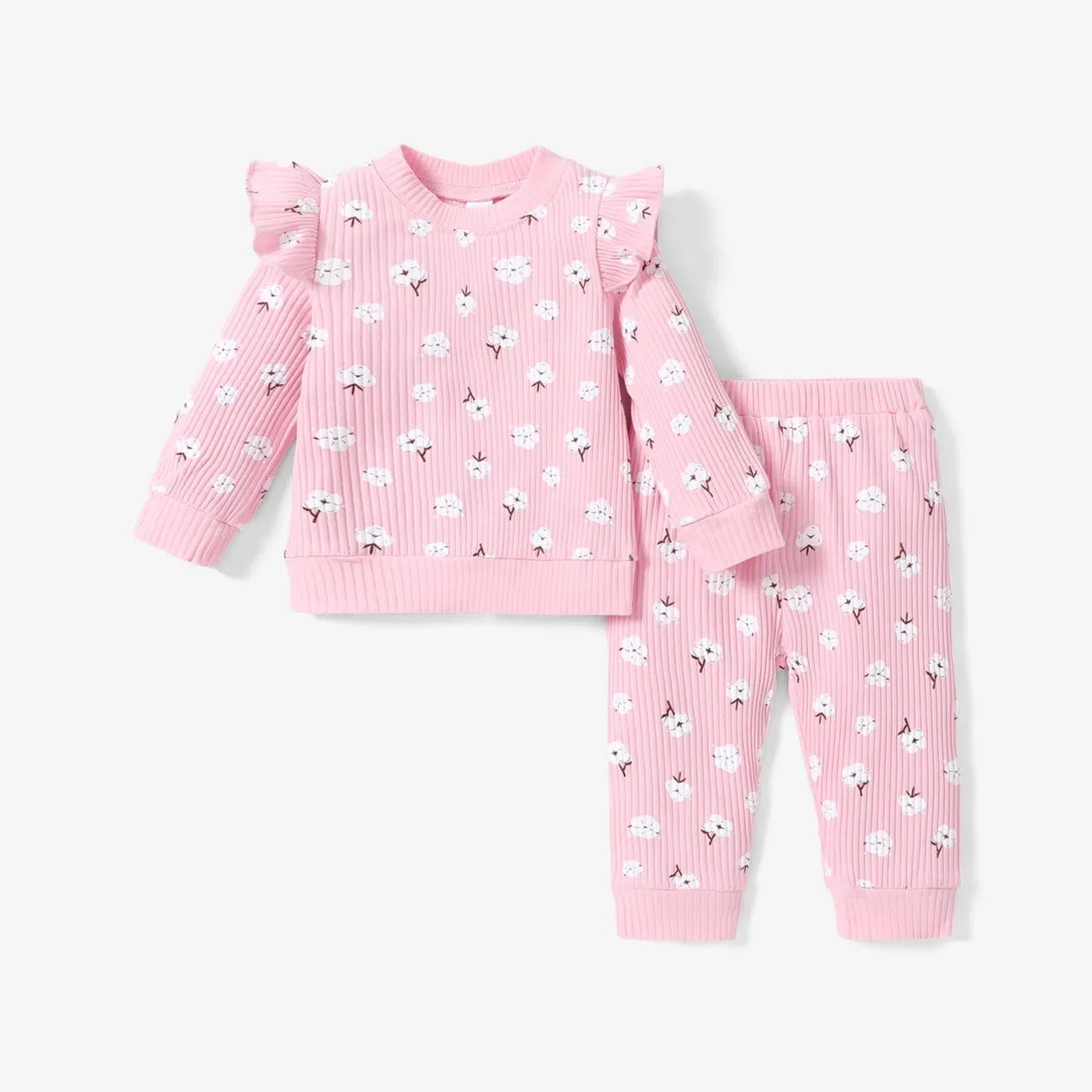 2pcs Baby Girl Floral Print Cotton Ribbed Long-sleeve Set Pink big image 1